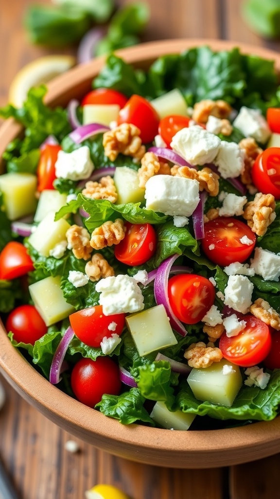 A fresh kale salad with cherry tomatoes, cucumber, red onion, walnuts, and feta cheese in a rustic bowl.